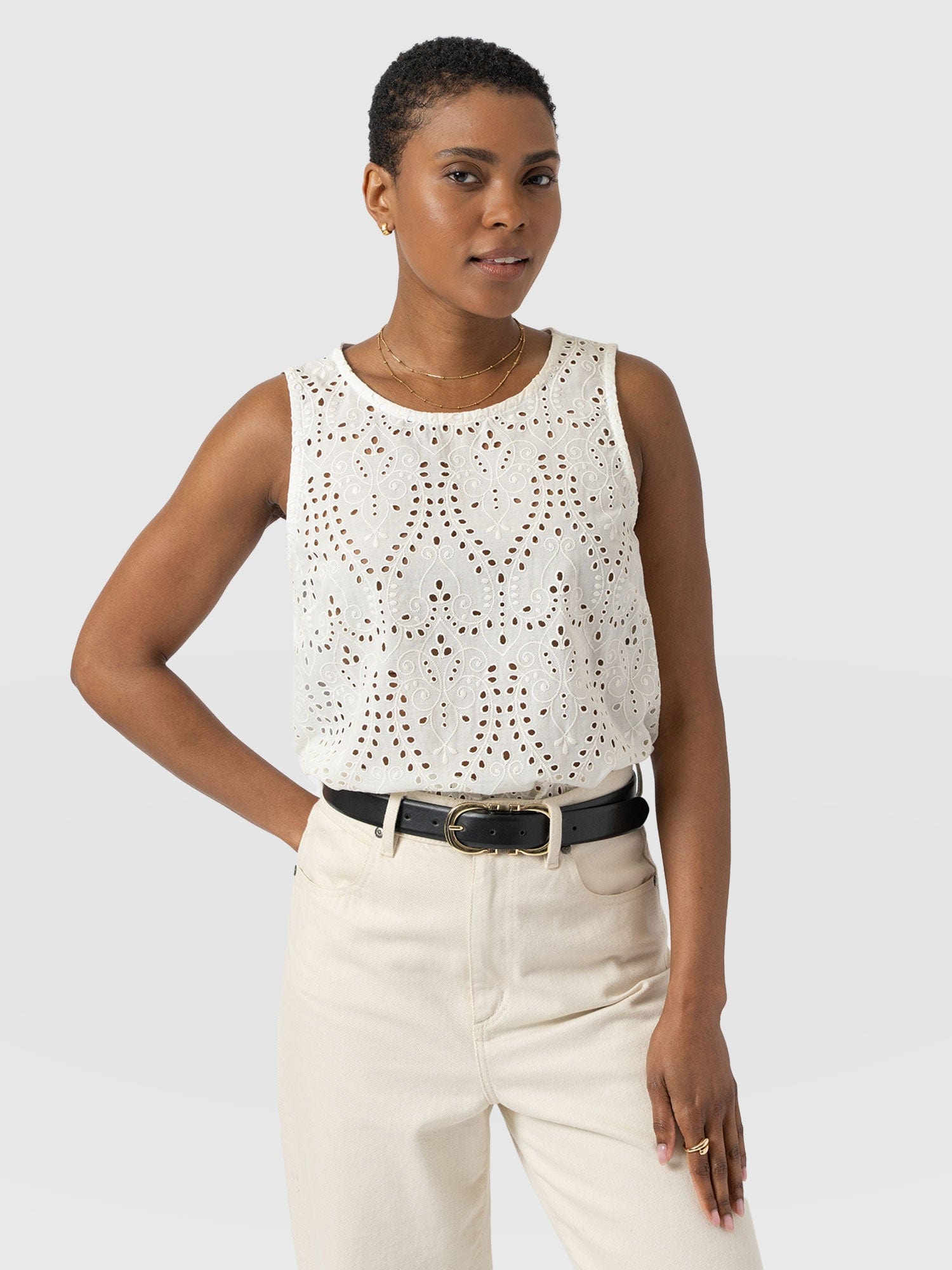 Sophia Contrast Tank - White Broderie